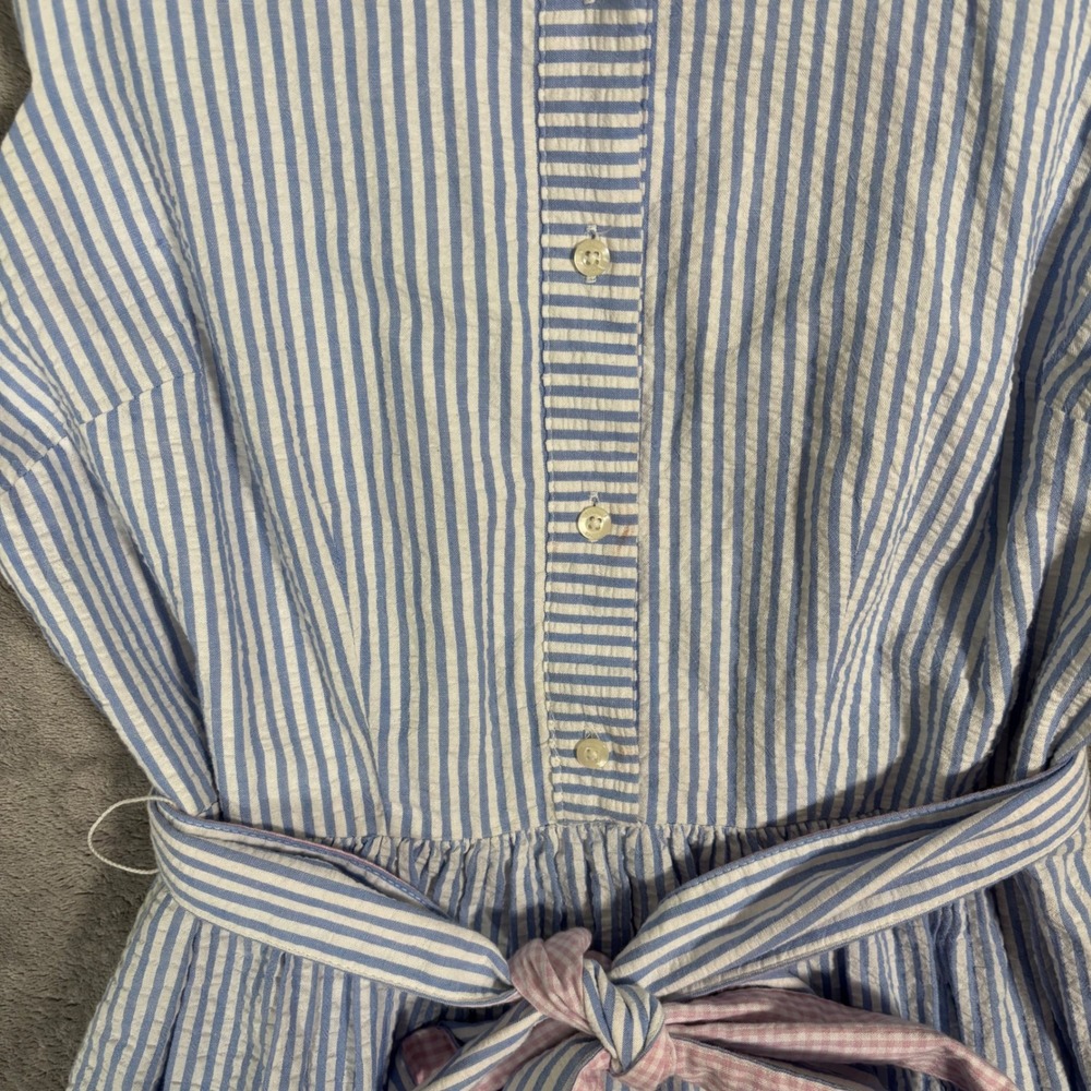 Vineyard Vines Blue and White Striped Sleeveless Shirt Dress with Pink Bow - Picture 4 of 15